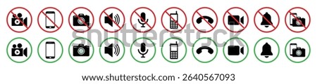 Set of media control icons with red prohibition and green permission signs. Includes camera, mobile, mic, video, bell, speaker, and call symbols. Perfect for public signage and UI use.