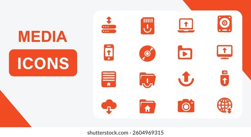 a set of media icons featuring upload and download symbols, data transfer, computer and server elements. perfect for digital storage, cloud services, and device connectivity applications. vector
