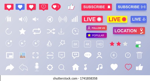 Set of media icons. Interface buttons. Like heart user favorite option comment bubble social media icons.Template modern design icons,buttons. User sticker. Mobile web ui/ux.Vector illustration