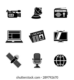 Set of media icons - news, radio, tv, internet, earth, satellite, camera, microphone. Vector