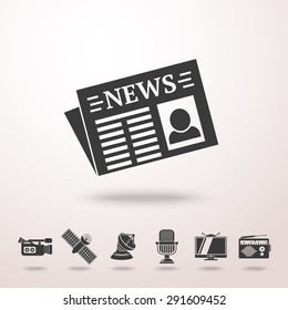 Set of media icons - news, radio, tv, internet, earth, satellite, camera, microphone. Vector