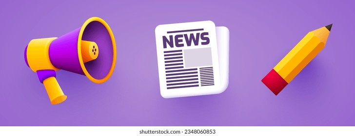 Conjunto de objetos de iconos de medios. Megáfono, periódico y ancil. Ilustración del vector