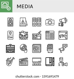 Set of media icons. Such as Connected, Speaker, Signaling, Loudspeaker, Camera, Megaphone, Card, Conversation, Website design, Article, Seo, Cinema, DJ, Seo and web , media icons