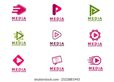 Set of Media logo design, play button logo set, digital broadcasting technology, program, logo design illustration