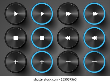 Set of media and navigation buttons. On/Off states. Realistic vector illustration.