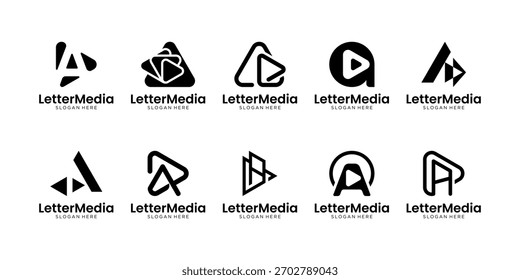 Conjunto de inspiración de diseño de logotipo de reproducción multimedia. Letra inicial A aislada sobre fondo blanco. Vector de icono de logotipo abstracto geométrico.