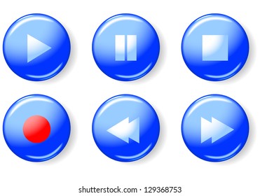 Set of media player 3D blue buttons