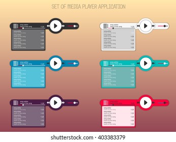 Set of media player application, app template with flat design style for smartphones, PC or tablets. Clean and modern