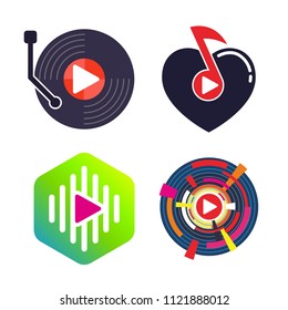 Set of media player with black vinyl disc emblem logo design template. Music love icon vector illustration isolated on white background collection