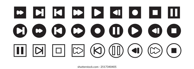 Conjunto de iconos de Botón de reproductor de medios. Reproducir y pausar Botón Video, reproductor de audio, reproductor de Botón, conjunto de iconos, reproducir y pausar el Botón de Vector. Ilustración vectorial