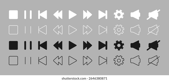Conjunto de ícones de botão do media player com cores preto e branco. Elemento de estrutura de tópicos da interface do Media Player com traço editável. Aplicativo de áudio e vídeo, controle de tela de dispositivo usando. Iniciar configurações de interrupção do próximo volume