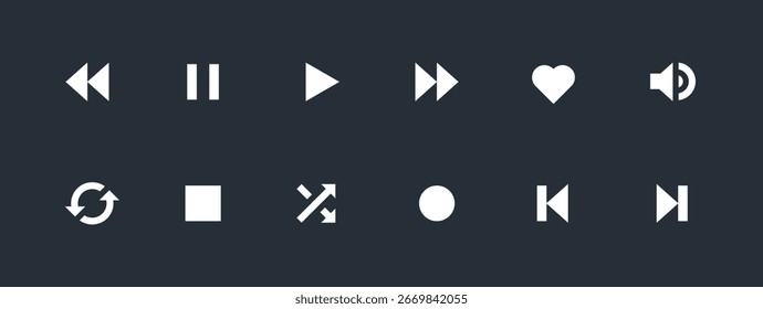 Set of Media Player Button Icons Vector Illustration. Collection of minimalist black media player button icons, including play, pause, stop, and more.