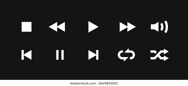 Set of Media Player Button Icons Vector Illustration. Collection of minimalist black media player button icons, including play, pause, stop, and more.