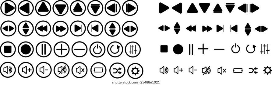 Set of media player button icons.Play and pause buttons,video audio player,player button set icon symbol,play and pause vector button. Media player control icon set. Media Player icons in circle