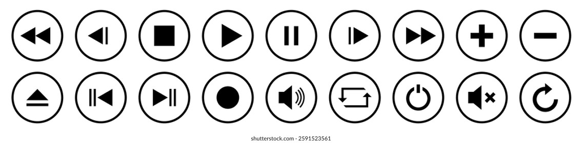 Set of media player buttons. Control button icon. Play, stop, push, and next track, audio, volume, interface, design media player buttons. Music player buttons. Vector illustration.