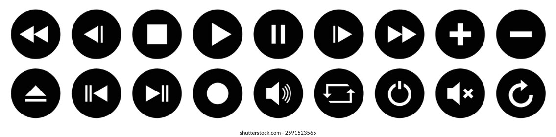 Set of media player buttons. Control button icon. Play, stop, push, and next track, audio, volume, interface, design media player buttons. Music player buttons in flat style. Vector illustration.