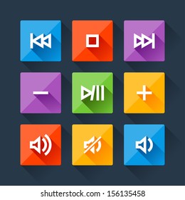 Set of media player buttons in flat design style.