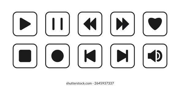 Conjunto de ícones dos botões do media player em um quadrado. Pausar, retroceder, avançar rapidamente, som, volume, gravação, tipo, favorito. Coleção de elementos de reprodução de vídeo. Traço preto editável. Controle de interface