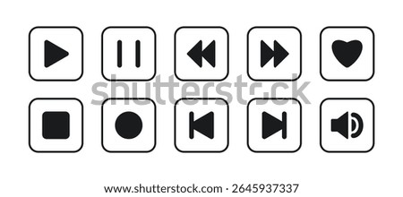 Set of media player buttons icons in a square. Pause, rewind, fast forward, sound, volume, record, like, favorite. Collection of video playback elements. Editable black stroke. Interface control