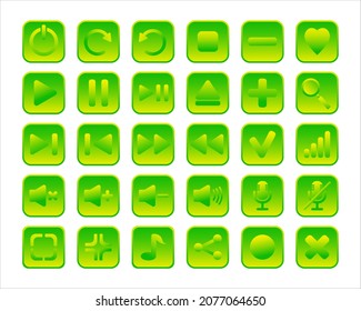 Set of media player control buttons in green gradient color. Square player icons collection. Simple flat vector illustration. 