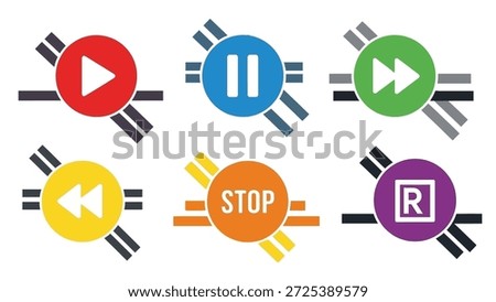 A set of media player control icons is presented. Each circular button features a different symbol indicating play, pause, stop, rewind, fast forward, or record. The design incorporates bright colors with a geometric style. These graphics are suitable for various digital design purposes.