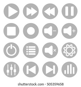 Set of media player gray and white icons and symbols. Vector