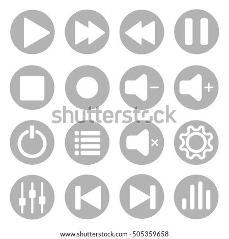 Set of media player gray and white icons and symbols. Vector