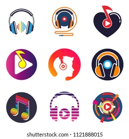 Set of media player with headphone and black vinyl disc emblem logo design template. Music equalizer icon vector illustration isolated on white background collection
