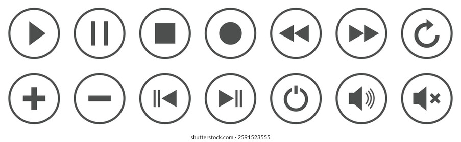 Set of media player icons. Media player button collection. Play, pause, replay, previous, next track, plus, minus, speaker and more icons vector illustration.