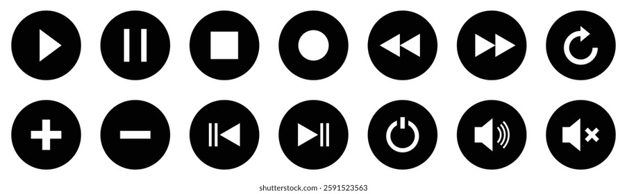 Set of media player icons. Media player button collection. Play, pause, replay, previous, next track, plus, minus, speaker and more icons vector illustration. Flat design.