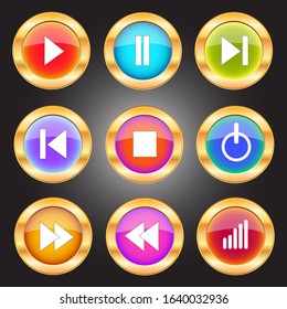 Set of Media Player Icons in circle shape and many colors