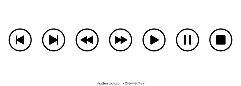 Gruppe von Media Player-Symbolen. Kollektion von Multimediasymbolen und Audio, Musik-Lautsprecherlautstärke, Interface, Media-Player-Buttone. Vektorillustration.