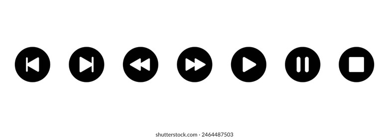 Gruppe von Media Player-Symbolen. Kollektion von Multimediasymbolen und Audio, Musik-Lautsprecherlautstärke, Interface, Media-Player-Buttone. Vektorillustration.