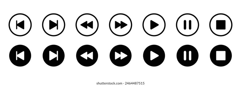 Gruppe von Media Player-Symbolen. Kollektion von Multimediasymbolen und Audio, Musik-Lautsprecherlautstärke, Interface, Media-Player-Buttone. Vektorillustration.