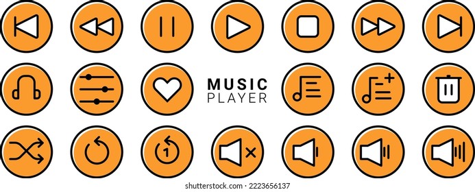 Juego de iconos de reproductor de medios en el estilo de línea rellenado. Música, interfaz, colección de botones del reproductor de medios de diseño. Ilustración vectorial.