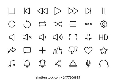 Set of Media player icons in line style. Music, interface, design media player buttons collection. Vector Illustration.