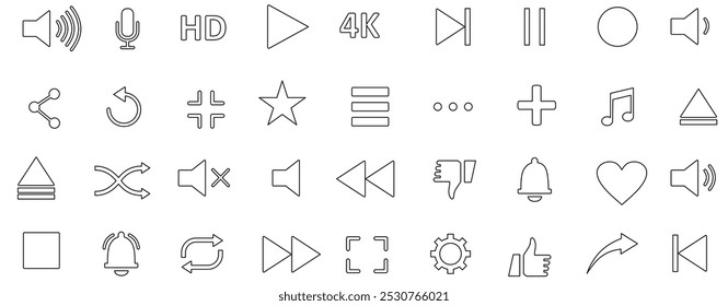 Satz von Mediaplayer-Symbolen im Linienstil. Musik, Benutzeroberfläche, Design Media Player-Schaltflächen-Kollektion. Vektorgrafik