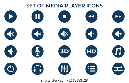 Set of media player icons, Media player icons set, Play, pause, stop, record, forward, rewind. Vector illustration.