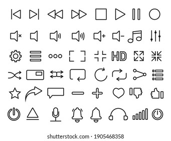 Set of media player icons in thin line style. Music, video player. Vector illustration