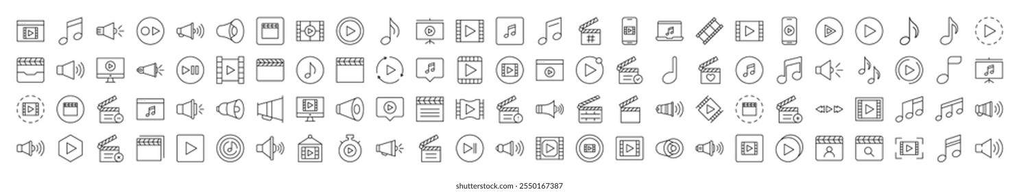 Satz von mit Media Player verknüpften Liniensymbolen. Bearbeitbarer Strich für Design, Websites, Apps, Karten. Enthält lineare Bilder von Klemmbrett, musikalische Note, lauter Lautsprecher