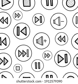 Set Of Media Player Symbol Icon Button, Play Stop Pause Fast Forward Or Volume Button Set In Hand Drawn Style. Vector Illustration