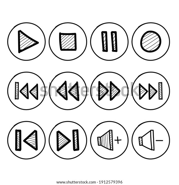 Set of media player symbol icon button, play\
stop pause fast forward or volume button set in hand drawn style.\
vector illustration