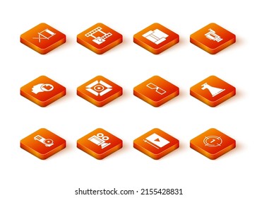 Set Media projector, Cinema camera, Head with, Movie spotlight, Online play video, 3D cinema glasses, Old film movie countdown frame and Megaphone icon. Vector