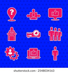 Set Media projector, Hand like, Head hunting, Users group, Speaker,  and Question mark icon. Vector