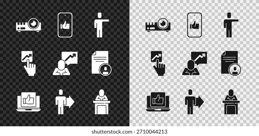 Proyector de medios, Mano como, Caza de la cabeza, Líder del equipo, Altavoz e icono. Vector
