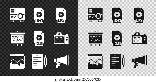 Set Media projector, MOV file document, FLV, Music wave equalizer, Scenario, Megaphone, chalkboard and MP4 icon. Vector