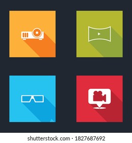 Set Media projector, Online play video, 3D cinema glasses and Camera and location icon. Vector.