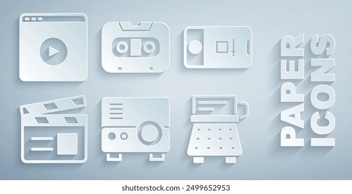 Set Media projector, Photo and video shooting, Movie clapper, Retro typewriter, audio cassette tape and Online play icon. Vector