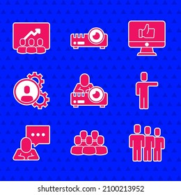 Establecer proyector de medios, base de equipos de proyectos, grupo Usuarios, caza de cabezales, chat de burbujas de voz, me gusta de la mano e icono. Vector