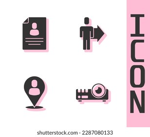 Set Media projector, Resume, Worker location and Team leader icon. Vector